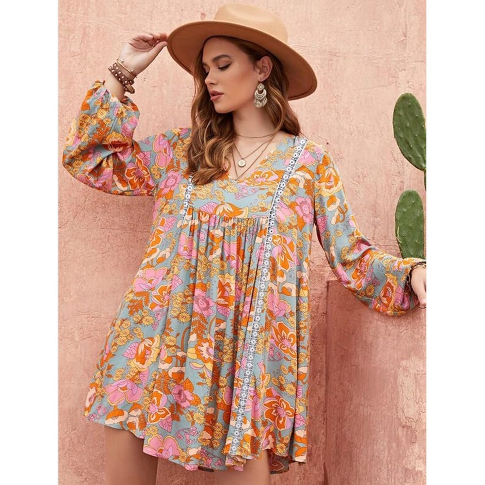 Rusttydustty Modern Bohemia Crush Floral Mini Dress Viscose‎ Large Retro Hippie